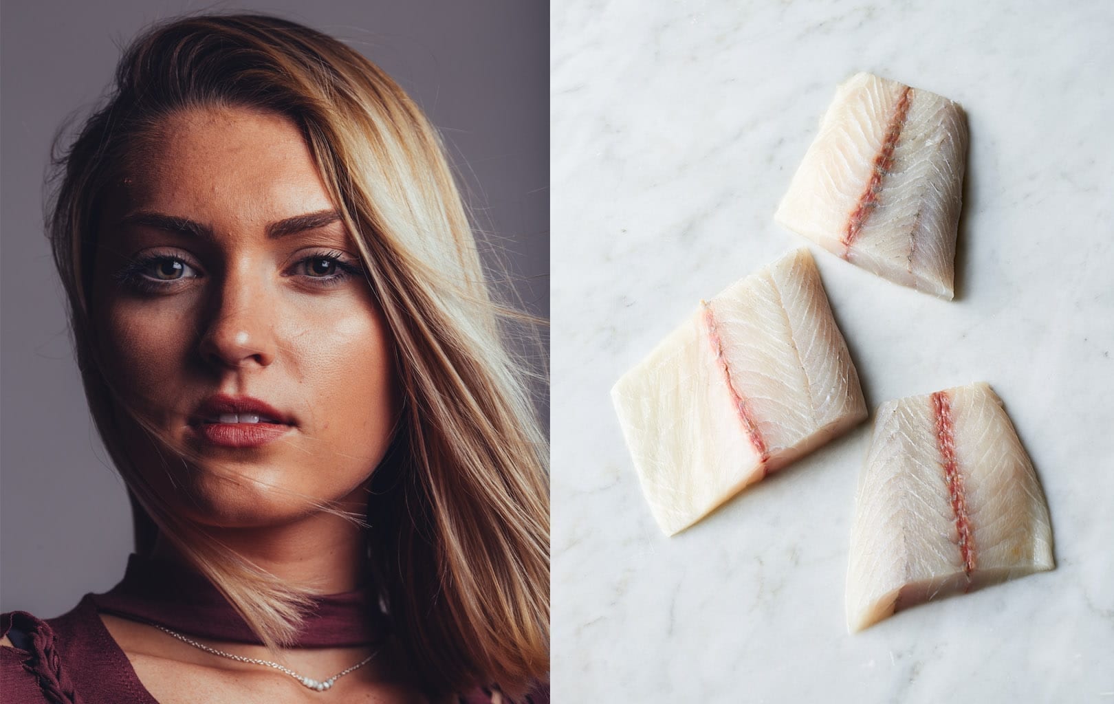 Face of woman juxtaposed next to fish fillets